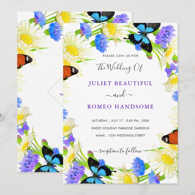 Flowers and Butterflies Wedding Invitation Example (Front/Back)