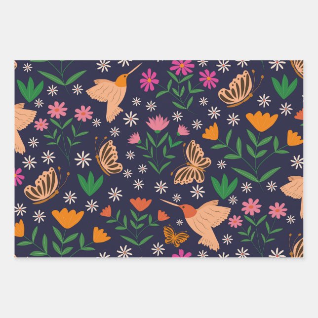Flowers and Butterflies With Hummingbirds  Wrapping Paper Sheets (Front)