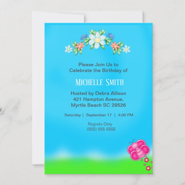 Flowers and Butterfly Birthday Invitations (Front)