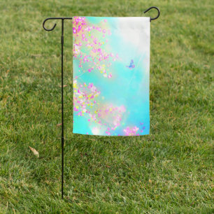 Flowers and butterfly floral blue pink cute garden flag