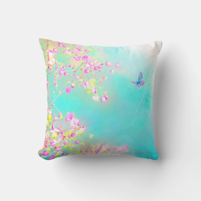 Flowers and butterfly floral pastel blue pink  throw pillow (Front)