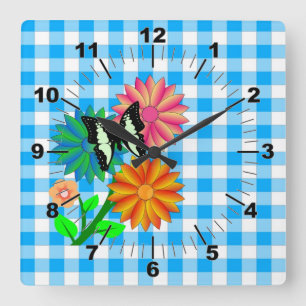 Flowers and Butterfly in Blue Vicky Square Wall Clock