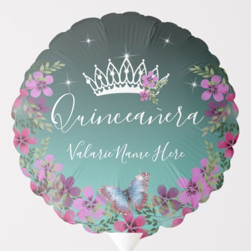 Flowers and Butterfly Princess Quinceanera Blue Balloon