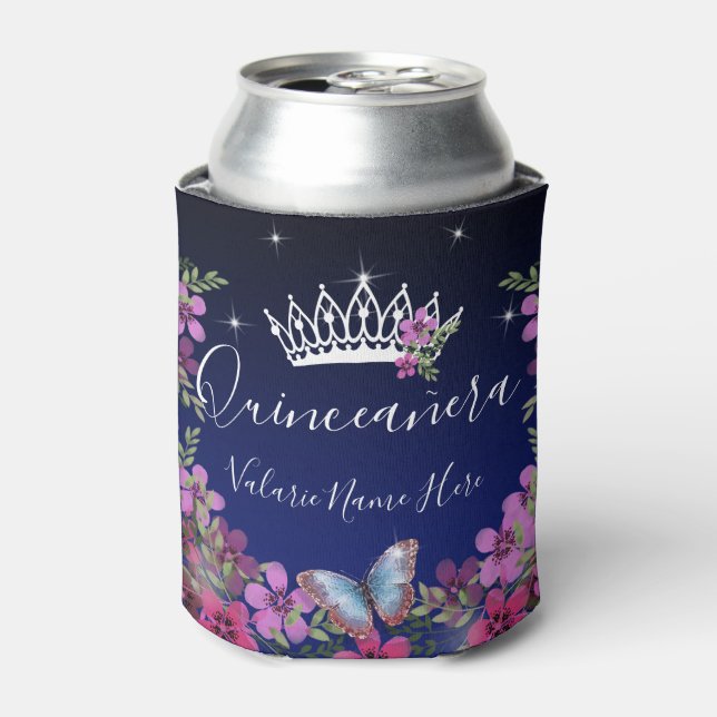 Flowers and Butterfly Princess Quinceanera blue Ca Can Cooler (Can Front)