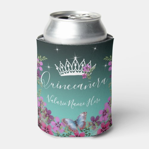 Flowers and Butterfly Princess Quinceanera blue Can Cooler