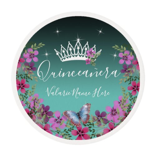 Flowers and Butterfly Princess Quinceanera Blue Edible Frosting Rounds