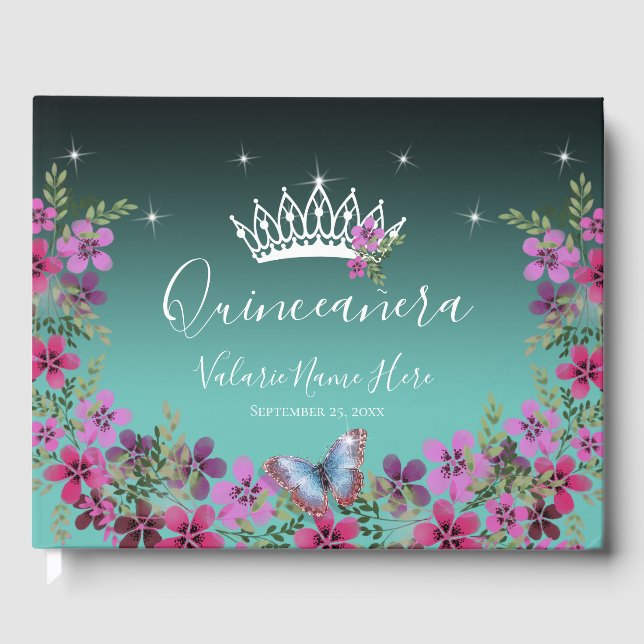 Flowers and Butterfly Princess Quinceanera Blue Guest Book (Front)