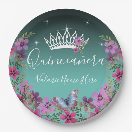 Flowers and Butterfly Princess Quinceanera Blue Paper Plates