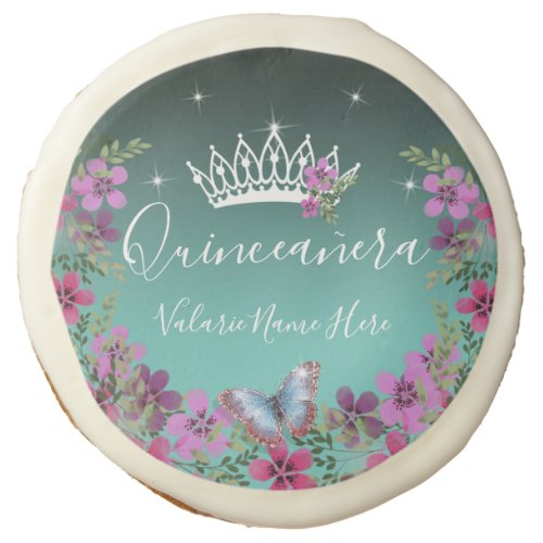 Flowers and Butterfly Princess Quinceanera Blue Sugar Cookie