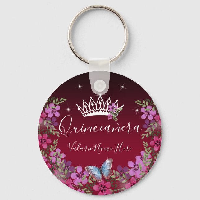 Flowers and Butterfly Princess Quinceanera Keychain (Front)