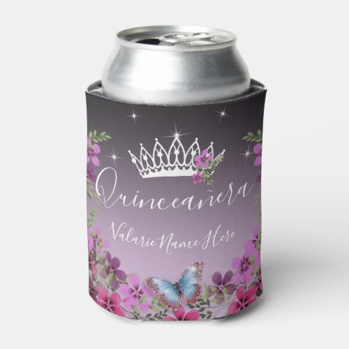 Flowers and Butterfly Princess Quinceanera Purple Can Cooler