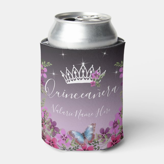 Flowers and Butterfly Princess Quinceanera Purple Can Cooler (Can Front)