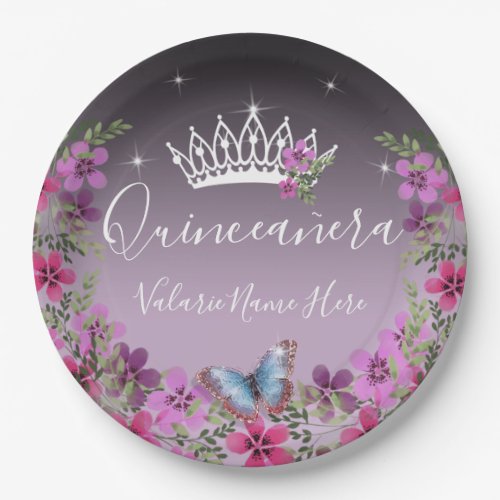 Flowers and Butterfly Princess Quinceanera Purple Paper Plates