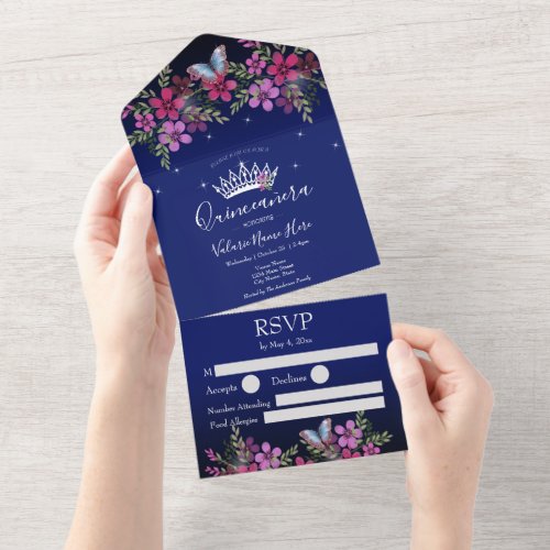 Flowers and Butterfly Quinceanera Blue All In One Invitation