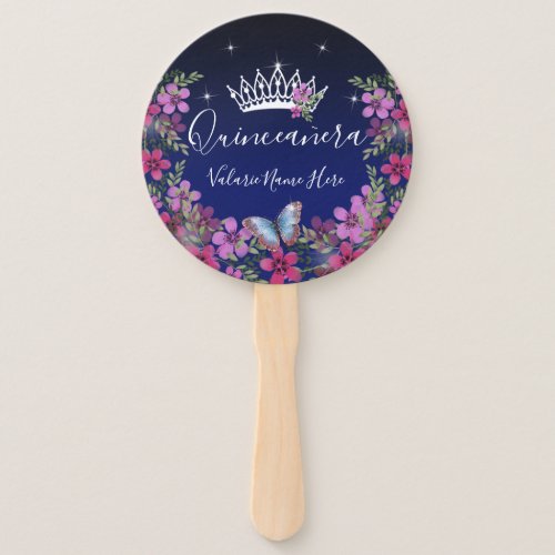 Flowers and Butterfly Quinceanera Blue Hand Fan