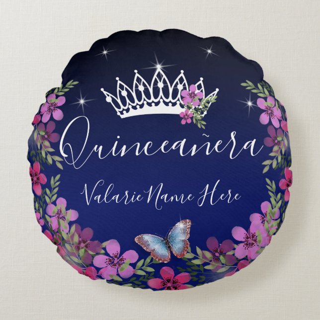 Flowers and Butterfly Quinceanera Blue Round Pillow (Front)