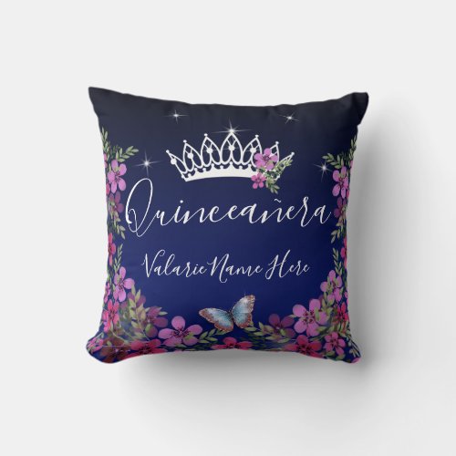 Flowers and Butterfly Quinceanera Blue Throw Pillow