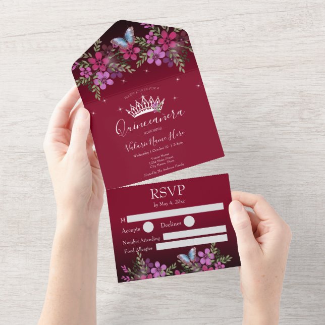 Flowers and Butterfly Quinceanera Burgundy All In One Invitation (Tearaway)