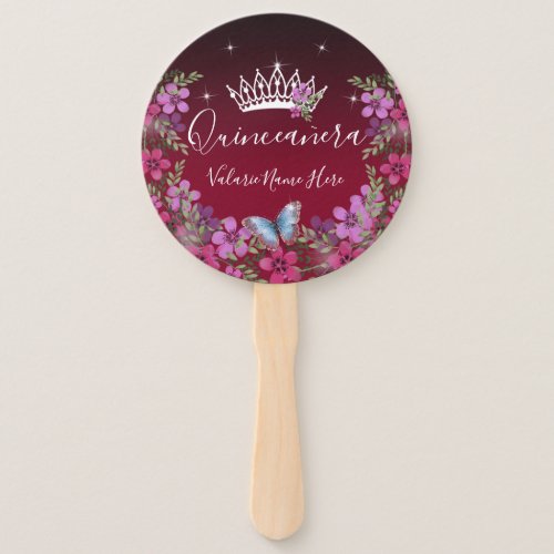 Flowers and Butterfly Quinceanera Burgundy Hand Fan
