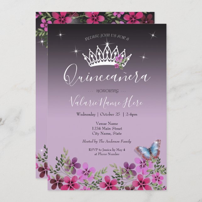 Flowers and Butterfly Quinceanera Invitation (Front/Back)
