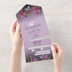 Flowers and Butterfly Quinceanera Purple All In On All In One Invitation