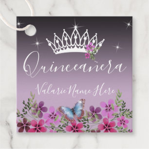 Flowers and Butterfly Quinceanera Purple Favor Tags
