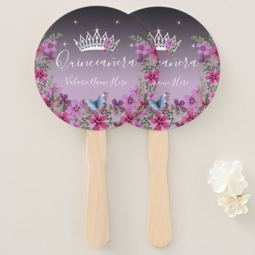 Flowers and Butterfly Quinceanera Purple Hand Fan