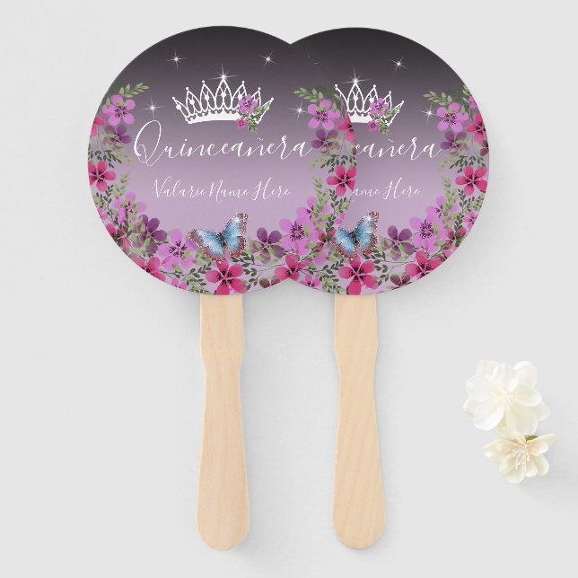 Flowers and Butterfly Quinceanera Purple Hand Fan (Front and Back)