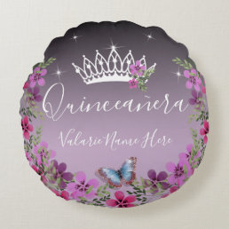 Flowers and Butterfly Quinceanera Purple Round Pillow