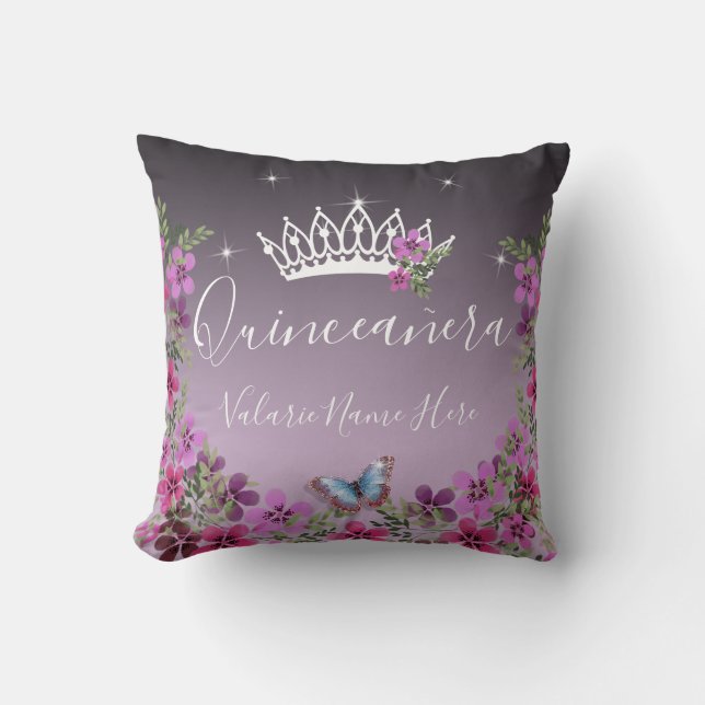 Flowers and Butterfly Quinceanera Purple Throw Pillow (Front)