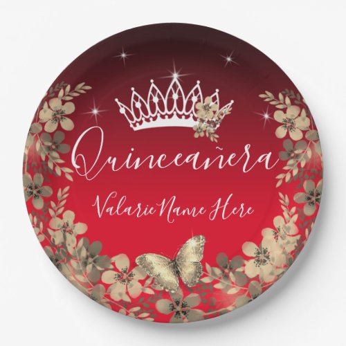 Flowers and Butterfly Quinceanera Red Gold Paper Plates