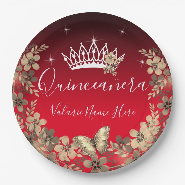 Flowers and Butterfly Quinceanera Red Gold Paper Plates (Front)