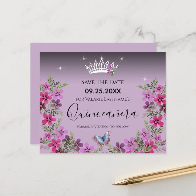 Flowers and Butterfly Quinceanera Save the Date (Front/Back In Situ)