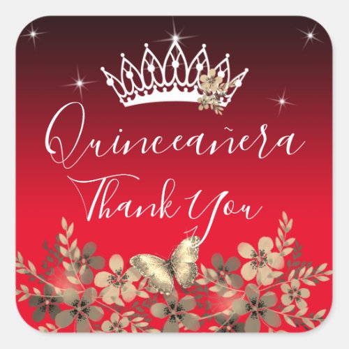 Flowers and Butterfly Thank You Quinceanera Square Square Sticker