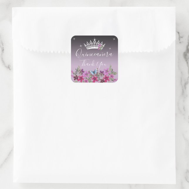 Flowers and Butterfly Thank You Quinceanera Square Sticker (Bag)