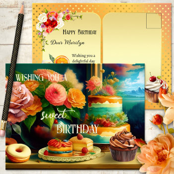 Flowers And Cake Festive Birthday Postcard by sunnysites at Zazzle