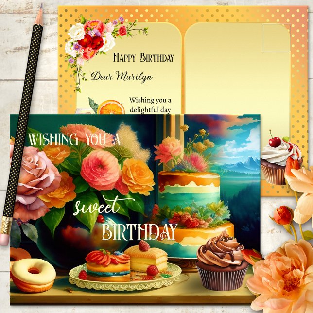 Flowers and Cake Festive Birthday Postcard (A colorful and festive postcard featuring cake and flowers. A lovely birthday treat.)