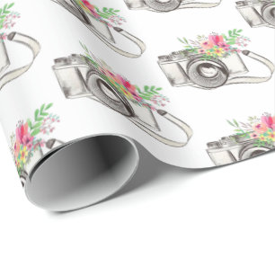 Flowers and Camera on White Wrapping Paper