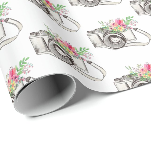 Flowers and Camera on White Wrapping Paper (Roll Corner)