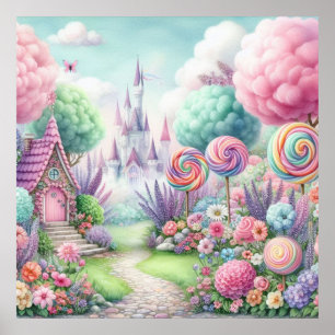Flowers and candy in fairy land pastel watercolor poster