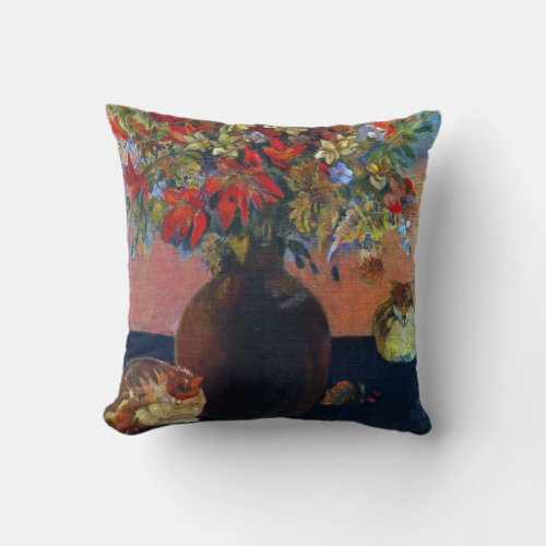 Flowers and Cats by Paul Gauguin Vintage Fine Art Throw Pillow