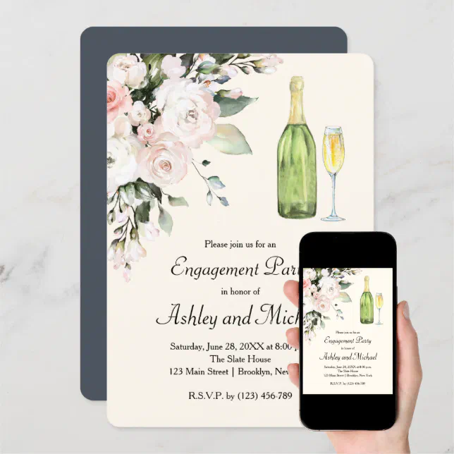 Flowers and Champagne Engagement Party Invitation | Zazzle