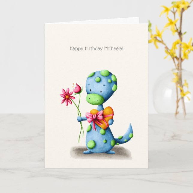 Flowers and Chocolate Lizard Personalized Birthday Card (Yellow Flower)