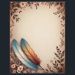 Flowers and Colorful Feathers Letterhead<br><div class="desc">Cream-colored flowers and coral buds,  with two large quill feathers in blue,  white,  and bronze on a tan background makes a beautiful and striking letterhead paper.  Very boho,  and perfect for correspondance,  a newsletter,  or invitation.</div>