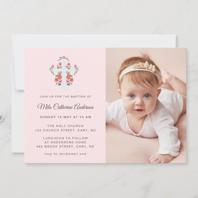 Flowers and Cross on pale pink  Photo Baptism Invitation (Front)