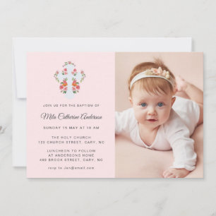 Flowers and Cross on pale pink Photo Baptism Invitation