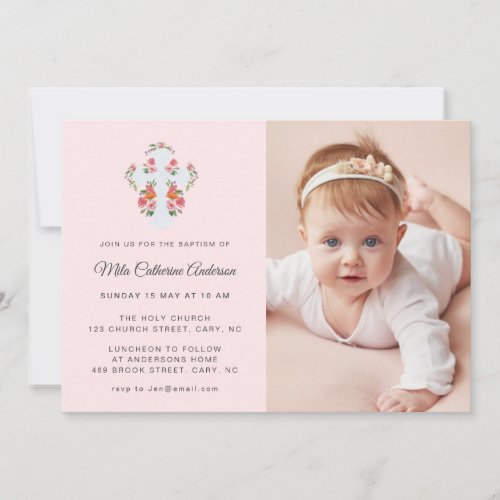 Flowers and Cross on pale pink  Photo Baptism Invitation