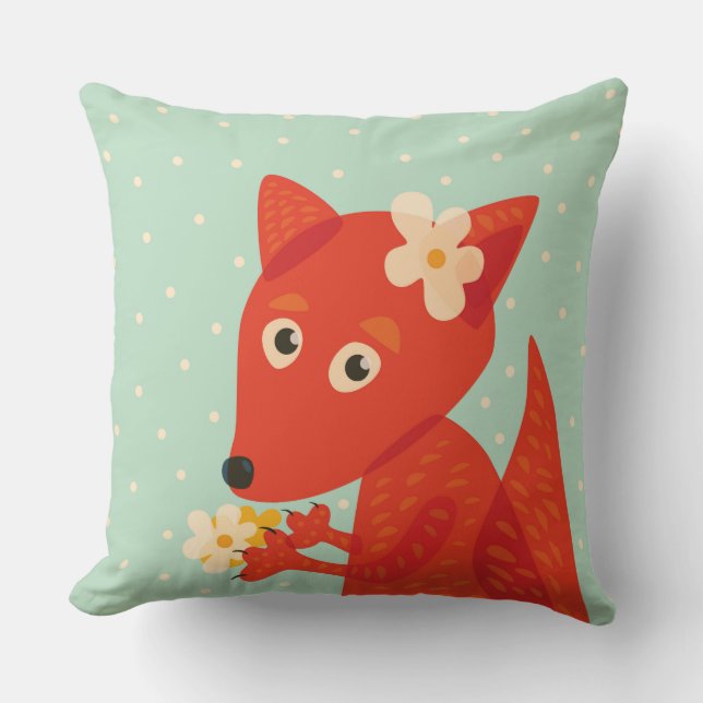 Flowers And Cute Fox Kids Throw Pillow (Front)