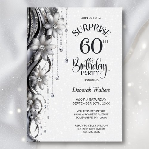 Flowers and Diamonds Surprise 60th Birthday Party Invitation