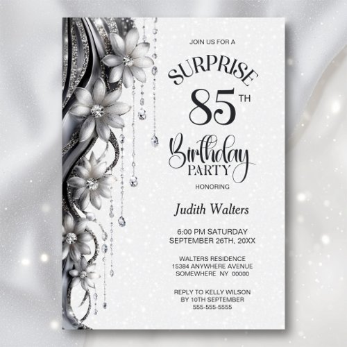 Flowers and Diamonds Surprise 85th Birthday Party Invitation